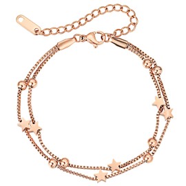 Oidea Stainless Steel Star Bracelets for Women: 14K Gold Rosegold Charm Link Chain Bracelet Dainty Adjustable Layered Stackable Star Bead Bracelet Fashion Jewelry Gift