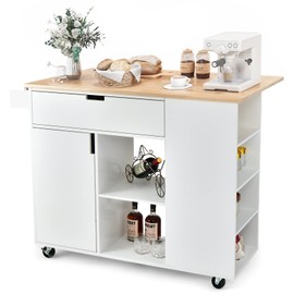 LOKO Kitchen Island with Drop Leaf, Rolling Kitchen Storage Cart with Drawer, Cabinet, 6 Open Shelves, Spice Rack & Towel Bar, Rolling Kitchen Island with Storage & Lockable Wheels (White)