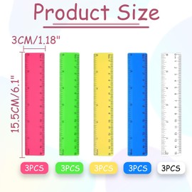 15 Piece Plastic Ruler Set, Ruler 15 cm, Plastic Small Ruler, Coloured Transparent Ruler with Centimetres and Inches Plastic Rulers for School Office Home
