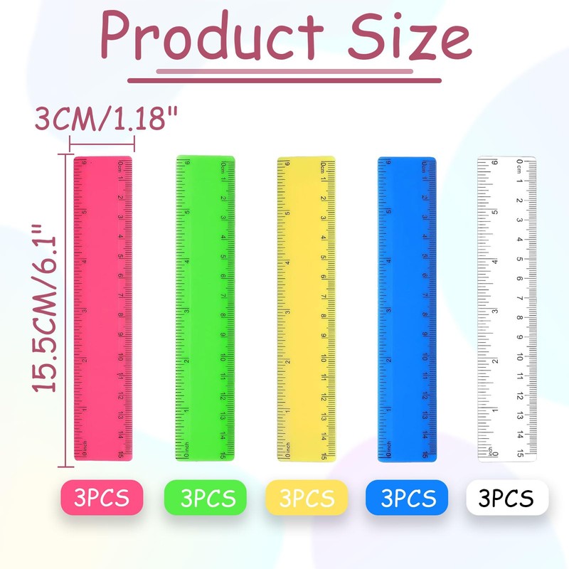 15 Piece Plastic Ruler Set, Ruler 15 cm, Plastic Small