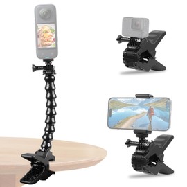 PULUZ Action Camera Flexible Gooseneck Arm Mount Jaws Clamp for Gopro Hero 13 12 11 10 9 8 7, Adjustable Stand with Phone Holder for insta360 X5 X4 X3 and other Action Camera
