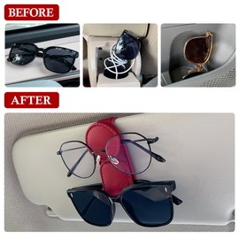 KIWEN Sunglasses Holder for Car Visor, Magnetic Leather Sunglass Eyeglass Hanger Clip for Car Sun Visor Accessories (1, Red)