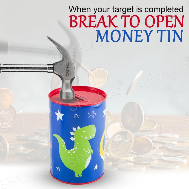 Boys Metal Money Tin Box Dinosaur Design Sterling Money Cash