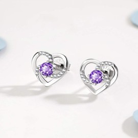 wynn's Silver Stud Earrings for Women, 925 Sterling Silver Heart Studs Earrings,13mm Stud Earring with Purple Cubic Zirconia,Hypoallergenic Small Slepper Studs