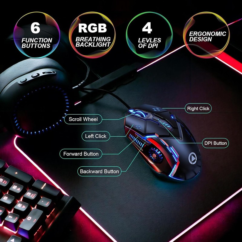 CHONCHOW Silent Click Mouse, Gaming Mouse Wired, 6 Button,4 DPI