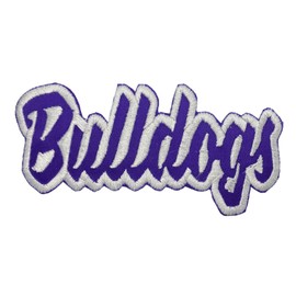 Bulldogs Mascot, Team Name, Embroidered, Iron on Patch (Purple Twill/White Outline)
