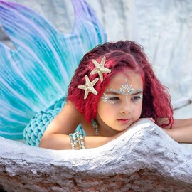 U-Goforst Starfish Hair Clips and Face Gems Set, Mermaid Accessories, 3 in 1 Little Mermaid Costume for Women Girls Adult, Mermaid Hair Face Jewels Stick on Stickers Accessories