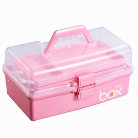 Kinsorcai 12'' Three-Layer Clear Plastic Storage Box with Handle, Craft Tool Box, 3 Layer Pink Tackle Box for Women, Organizer Box for Sewing Art and Cosmetic (Pink)