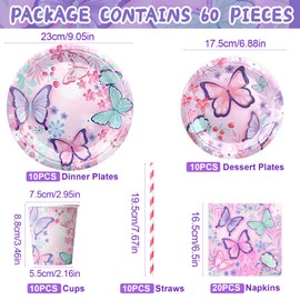Pack of 60 Butterfly Decoration Birthday Party Tableware, Birthday Party Decoration Children's Birthday, Paper Plates Birthday Set for 10 Guests, for Birthday Party, Shower, Decoration
