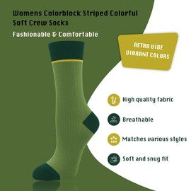 SERISIMPLE Viscose Bamboo Womens Crew Socks Dress Chic Colorblock Striped Design Retro Colorful Soft Comfort, Stylish 3 Pairs (US, Alpha, Medium, Regular, Regular, Assorted3)