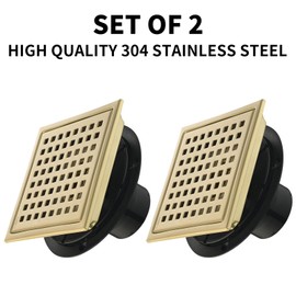 Kuaisailsk 6 Inch Set of 2 Shower Drain 304 Stainless Steel ， Brushed Gold Square Shower Floor Drain Kit with Flange, Removable Cover Grille, Hair Filter for Bathroom, Kitchen, Balcony