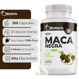BioHerb® | Maca Negra 100% Pura con 360 Capsulas, Extremadamente Eficaz, Potente Fuente Natural de Energía y Vitalidad – Alta Absorción y Máxima Purez
