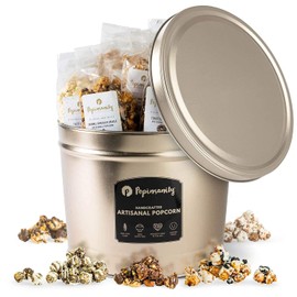 POPINSANITY Gourmet Popcorn Elegant Gift Set - 20 Pack Party Tin with 20 Individual 2.5 Oz Snack Size Bags Overflowing w/ 8 Most Popular Popped Popcorn Flavors. Kosher, Non Dairy, Non GMO. Prime Gift
