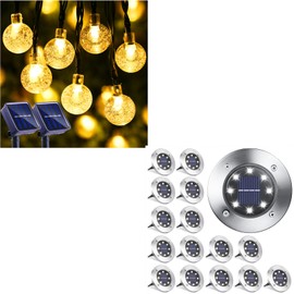 LYHOPE 2 Pack Total 40ft 60 LED & 16 Pack 8 LED Solar Disk Lights, Outdoor, LED, White, Waterproof