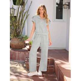 MEROKEETY Women 2 Piece Set Summer Outfits Sweatsuit Half Zip Cap Sleeve Sweatshirt Wide Leg Sweatpant Tracksuit Sets LightGrey L