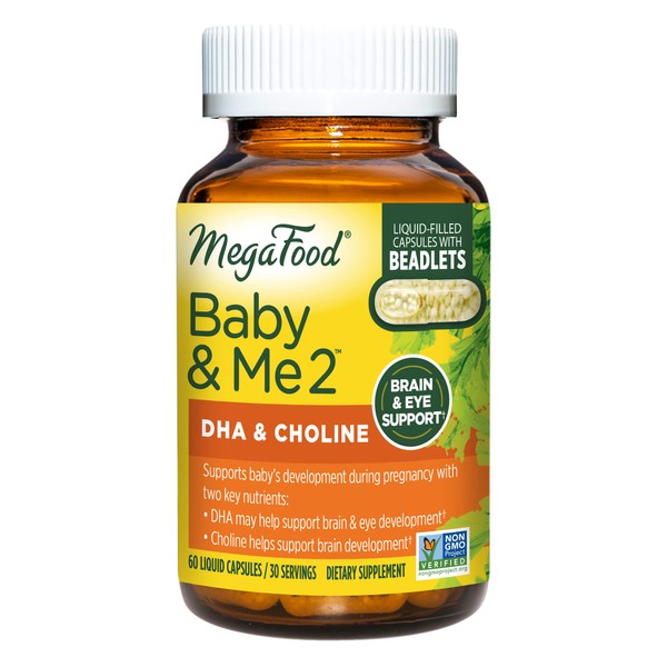 MegaFood Baby & Me 2 DHA & Choline Prenatal Support – Key nutrients DHA & Choline for Baby's Brain Development, Plant-Based DHA & Slow-Release Choline beadlets, Non-GMO - 60 Capsules (30 Servings)