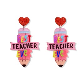 Sonateomber Teacher Pencil Heart Dangle Drop Earrings for Women, Statement Letter Pink Colorful Acrylic Earings Graduation Appreciate Accessories Fashion Jewelry Gift