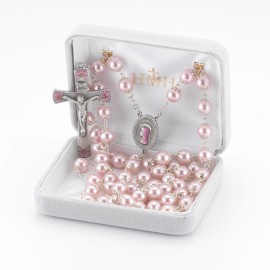 HMH Religious 8mm Round Pink Capped Bead Rosary with Pink Enamel Accents in Center & Crucifix