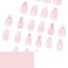 24Pcs Cute Flower Press on Nails Almond Medium Fake Nails with Glue White French Tip False Nails with 3D Flower Pearl Designs Artificial Acrylic Nails Full Cover Glossy Stick on Nails for Women