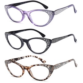 EYEURL 3-Pack Cat Eye Reading Glasses for Women Blue Light Glasses Fashion Computer Readers with Spring Hinge Anti-Glare Readers for Women 3.0