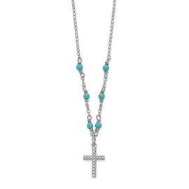 Solid 925 Sterling Silver CZ Cubic Zirconia Cross and Synthetic Turquoise 2in Extension Necklace