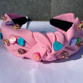 HDMGCR Valentine's Day Headbands for Women Girls Rhinestone Beaded Heart Headband Crystal Wide Top Knot Hair Accessories (601Pink)