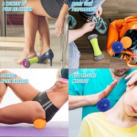 Foot Roller Massage Ball for Relief Plantar Fasciitis and Reflexology Massager for Deep Tissue Acupresssure Recovery for PLA Relax Foot Back Leg Hand Tight Muscle, 1 Roller and 2 Spiky Balls