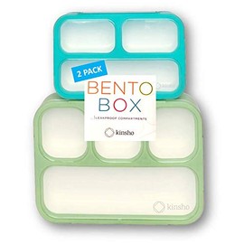 Leakproof Bento-Box Lunch-Boxes for Women, Kids. Large Green 4 Compartments and Mini Blue 3 Compartment Containers for Lunches, Snacks. BPA Free Set of 2.