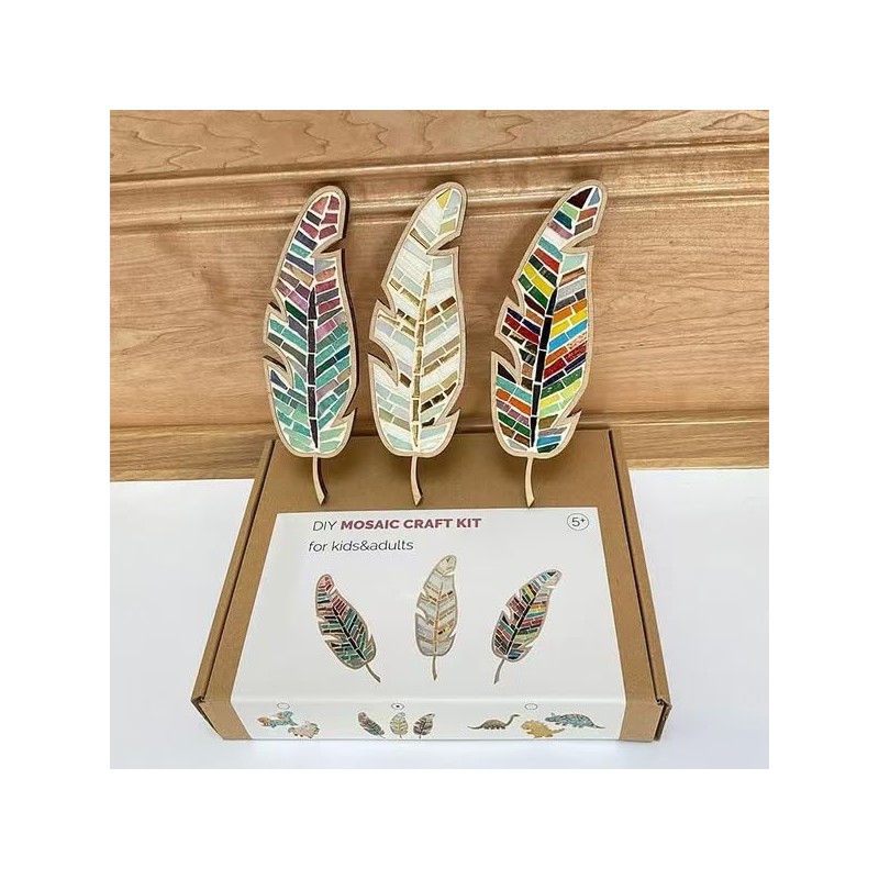 DIY Mosaic Feather Art Kit, Wooden Base with Colorful Glass