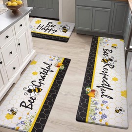 ASPMIZ Yellow Bee Kitchen Mats for Floor Sets of 3, Bee Happy Kitchen Floor Mats Cushioned Anti Fatigue, Kitchen Rugs Non Slip for Sink/Home/Office/Hallway, 18'' x 60'' + 18'' x 48'' + 18'' x 30''