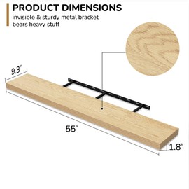 Fun Memories 55 Inch Floating Shelves - 9 Inch Deep Rustic Wooden Wall Shelves - Extra Deeper & Thicker Wall Mounted Storage Shelf for Living Room, Kitchen, Farmhouse - 55" W x 9" D x 1.8" H - Oak