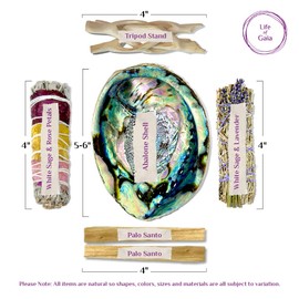 Sage Smudge Kit with Abalone Shell, Tripod, Rose and White Sage Bundle, Lavendar White Sage Smudge Stick and Palo Santo Sticks. Smudging Kit for Home Cleansing and Positivity