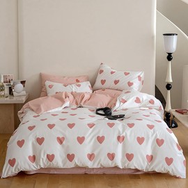 Nayoroom Bed Linen 135 x 200 cm White with Pink Hearts Duvet Cover, 2-Piece Microfibre Pink and White Hearts Reversible Bedding Set and Pillowcase 80 x 80 cm with Zip