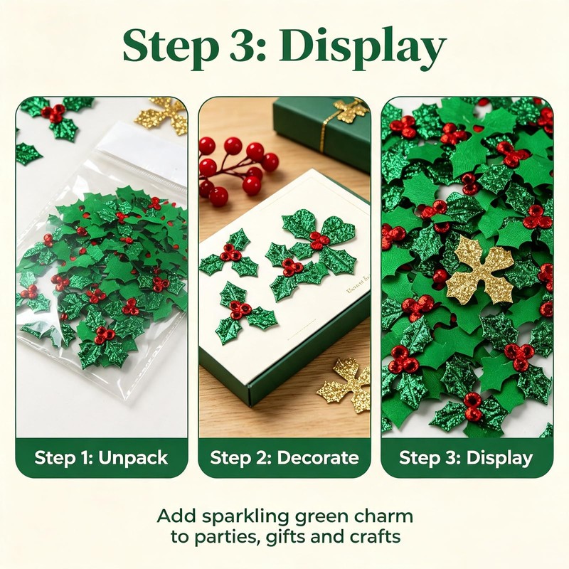 Christmas Holly Decorations, 3cm Green Holly Leaf, Red Berry