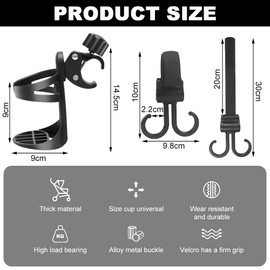kiptyg Drinks Holder Pushchair Pack of 2 with 2 Pram Hooks, Adjustable 360 Degree Rotation Cup Holder Pushchair for Trolleys Pushchairs and Wheelchair