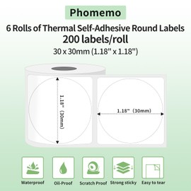 Phomemo M110 Round Labels Thermal Label Sheets M110/M220/M221/M120/M200 Multifunctional Labels, 6 Rolls 1.18" x 1.18" (30 x 30 mm), 200 Labels/Roll, 6 Rolls of Round Labels