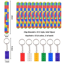 FGen 24Pcs Bauklötze Party Mitgebsel, Baustein Party Dekoration,12 Kinder Slap Armbänder,12 Schlüsselanhänger, für DIY Blöcken Themen Party Geschenk für Kindergeburtstag Stapelblöcke Balancing Spiel