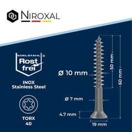 Stainless Steel Screws Torx Wood Screws 10 x 60 Stainless Steel V2A Rustproof Chipboard Screws for Wood Partial Thread 10 mm Thick 60 mm Long Pack of 2 Screws Wood A2
