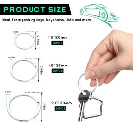 JUSTTOP 30PCS Metal Key Rings, 0.8"/1"/1.2" Split Thick Round Flat Car Home Key Chain Dog Tag Rings (Silver)