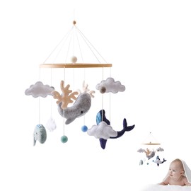 Promise Babe Mobile Baby Sea Animals with Felt Balls, Baby Room Animal Dolphins Whales Wood Crocheted Mobile Newborn Boy Girl Clouds Animals Bed Bell Pendant Baby Bed Cot Changing Table Decoration