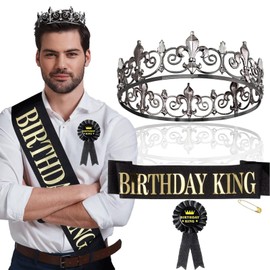 3Pcs Happy Birthday Decorations for Men, Birthday King Crown and Birthday Sash Tinplate Badge Pin, Men Birthday Decorations, Birthday Crown for Men Birthday Party(Black and Gold)