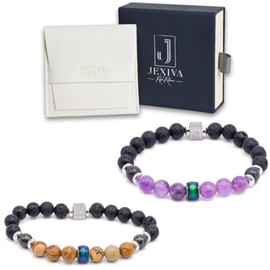 Set Of 2 Couples Bracelet Magnetic Healing Natural Bead Stone Stretch Bracelet Unisex Anniversary, Friendship, Valentine, Christmas Gift (With Luxury Giftbox, Color Changing)