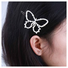Andelaisi Vintage Butterfly Pearl Hair Clip Silver Hollow Butterfly Hair Barrette Clip French Pearl Butterfly Hairpin Clip Minimalist 3D Butterfly Head Clip Hair Decorative Headwear Hair Accessories