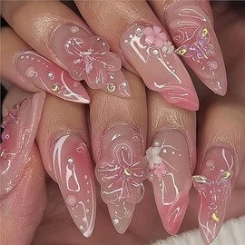 24 Pcs Medium Press on Nails Almond Fake Nails with Design 3D Drip Gel Flower Glue on False Nails French Tip Acrylic Nails Artificial Stick on Nail Art for Women