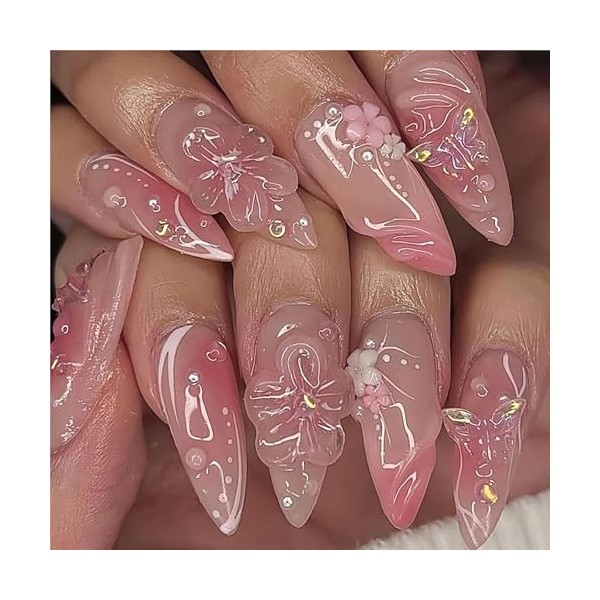 24 Pcs Medium Press on Nails Almond Fake Nails with