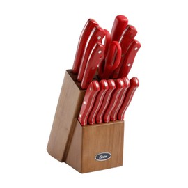 Oster Evansville 14 Piece Stainless Steel Kitchen Cutlery Stainless Steel Knife Block Set, Red Handles
