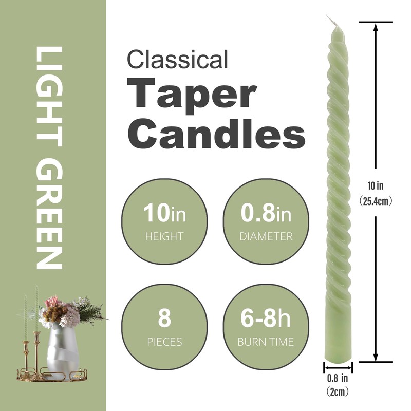 8 Pack 10 Inch Sage Green Spiral Taper Candles Long