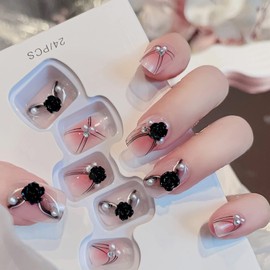 HAPVITAL 24 pcs Nail Tips, Length Beautiful and Nice High Quality Lady, 3D Flower Decoration, Receptions, Coming of Age Ceremonies, Parties, After-parties, Wedding Nails (Pink and Black Flowers)