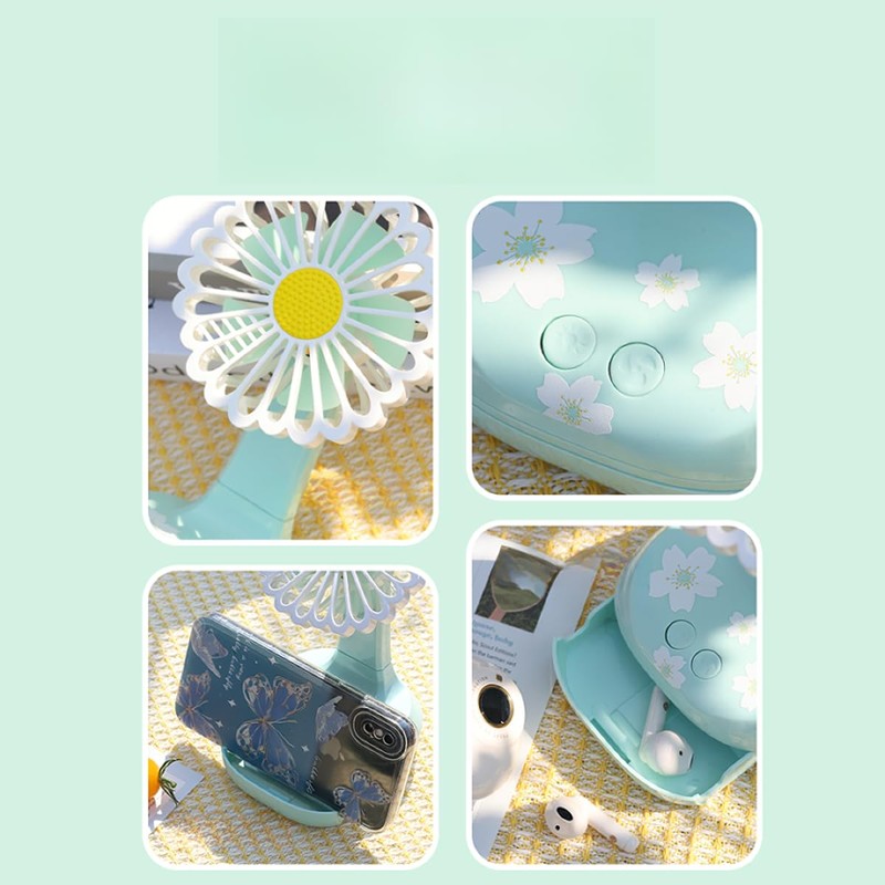 YZYOE Mini Charging Fan with LED Light, Cute Green Chrysanthemum