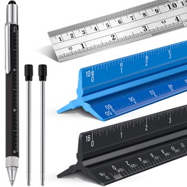 6 Pcs 12 Inch Architectural Engineering Scale Ruler Set Aluminum Triangular Drafting Tool with Metal Standard Ruler and 6 in 1 Tech Tool Pen for Architects, Draftsman and Engineers Drafting Blueprints